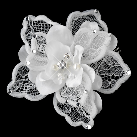 Freshwater Pearl, Swarovski Crystal Bead & Rhinestone Diamond White Matte Satin Mesh Fabric Flower Bridal Hair Comb