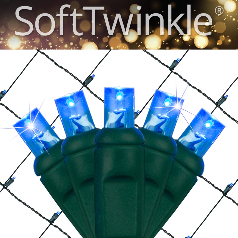 Blue SoftTwinkle 5mm LED Christmas Net Lights on Green Wire
