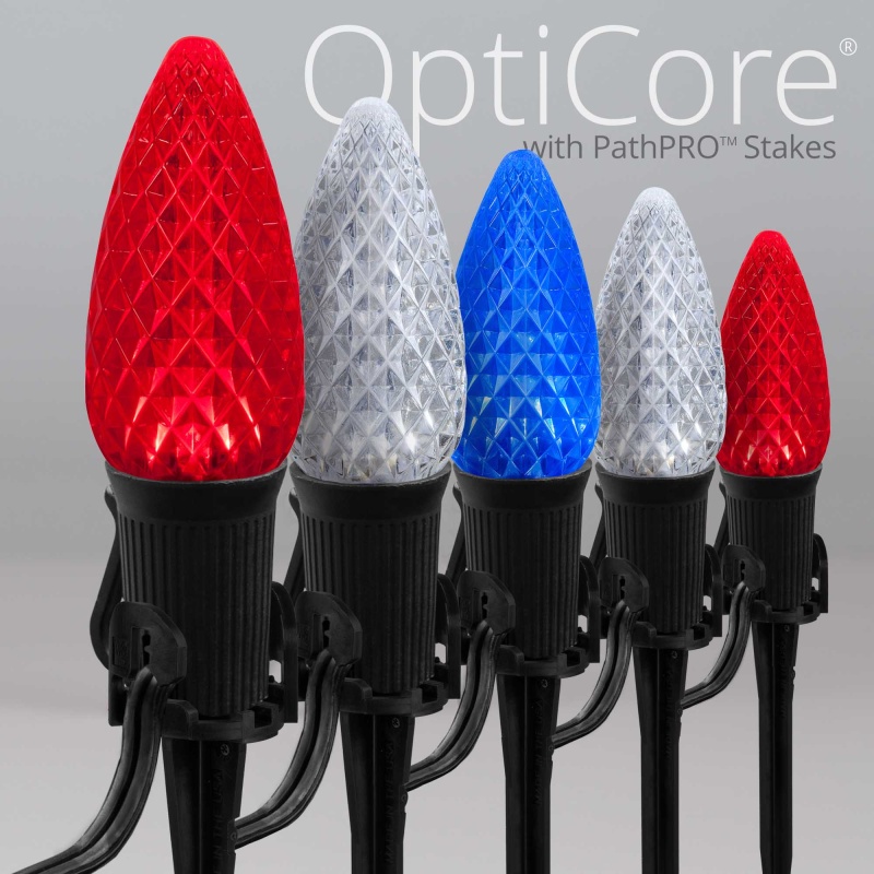 C9 Red / White / Blue Opticore® Patriotic Pathway Lights, 5" Pathpro Tm Stakes