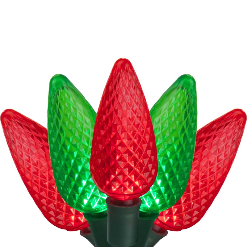 C9 Green, Red LED Christmas Lights on Green Wire