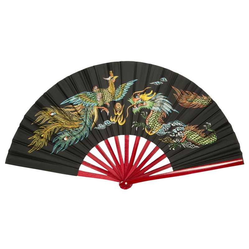 Bamboo Fan With Printed Design 13" - Dragon & Phoenix