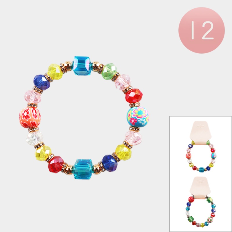 12Pcs - Flower Printed Ball Faceted Beaded Stretch Bracelets
