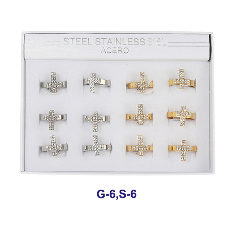 12Pcs - Rhinestone Embellished Cross Stainless Steel Rings