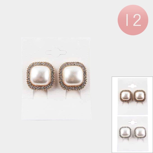 12 Pairs - Rhinestone Trimmed Square Pearl Clip-On Earrings