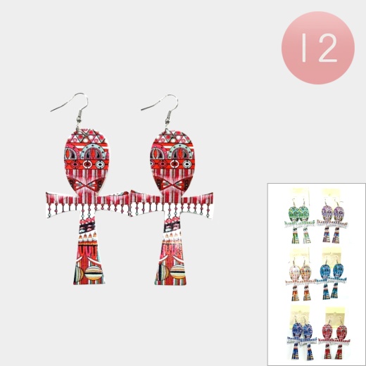 12Pairs Patterned Wood Cross Dangle Earrings
