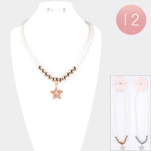12Pcs - Star Pendant Pearl Necklaces - Assorted Colors